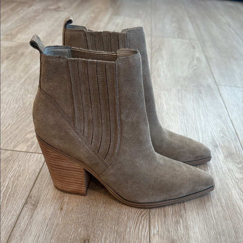 Marc Fisher Suede Taupe Block Heel Booties